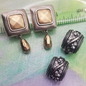 Premier Designs Earrings 2 Pair Pierced To Clip On Two Tone Dangle Rhinestone